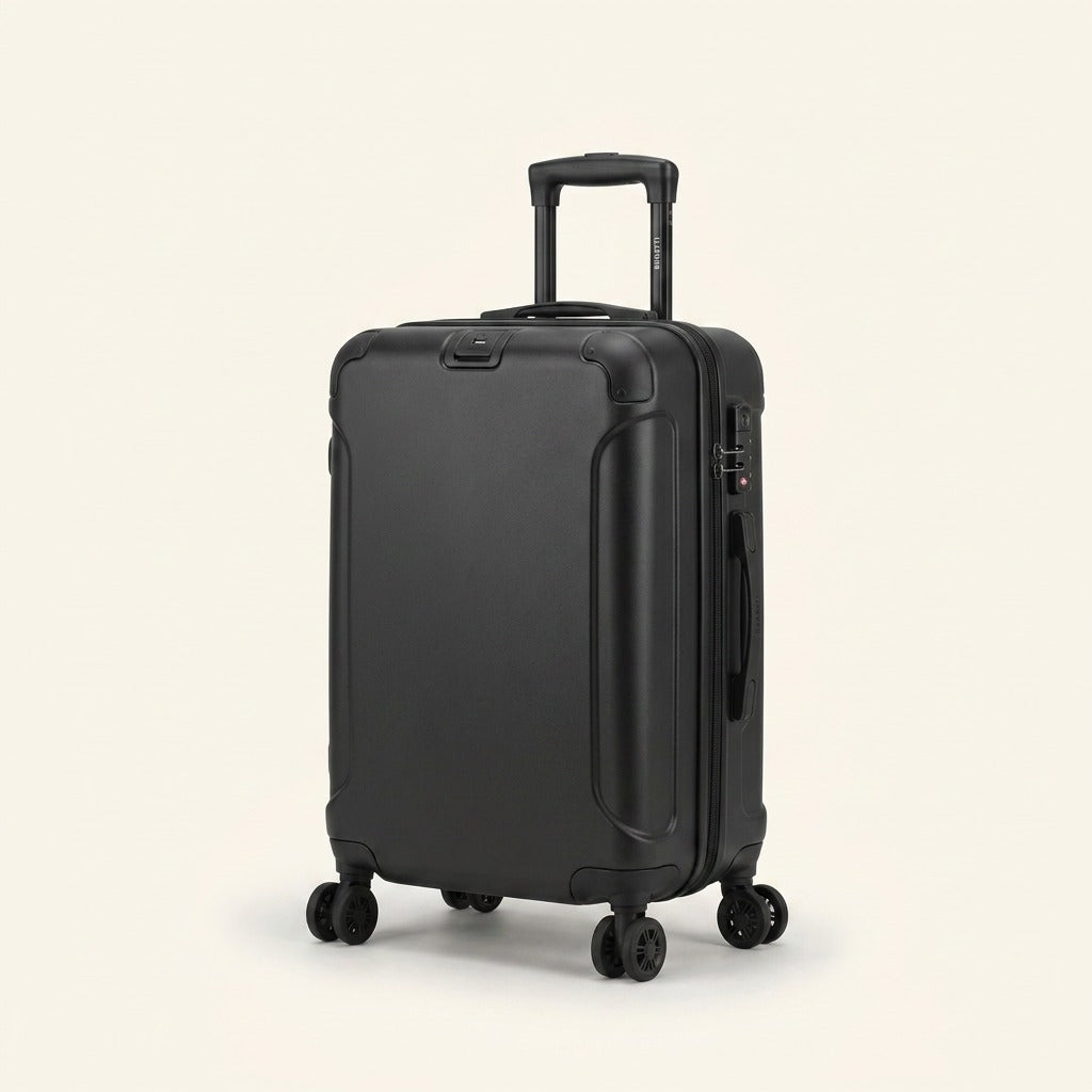 Bugatti Swiss Mobility hardside carry-on luggage in matte black with 8 spinner wheels and TSA lock.