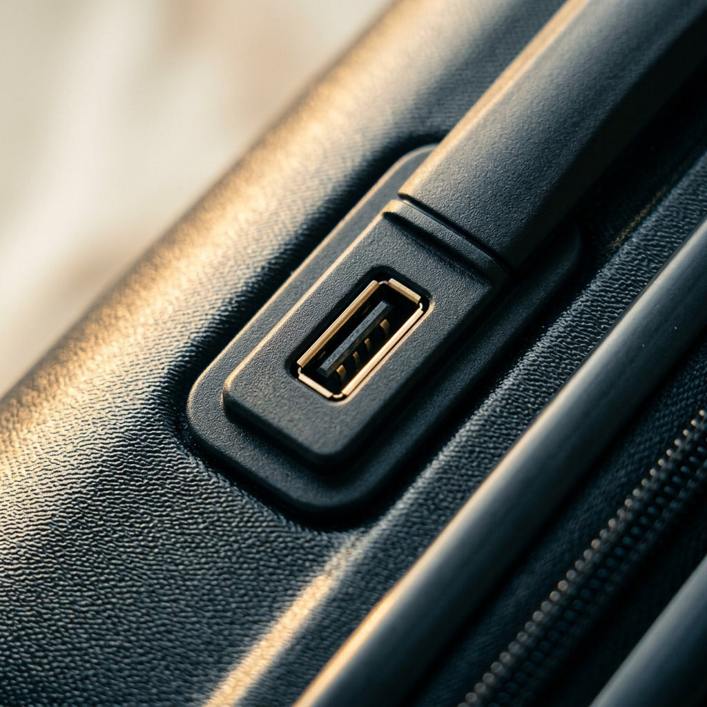 Macro detail of the integrated USB charging port on a black Bugatti Swiss Mobility hardside suitcase.