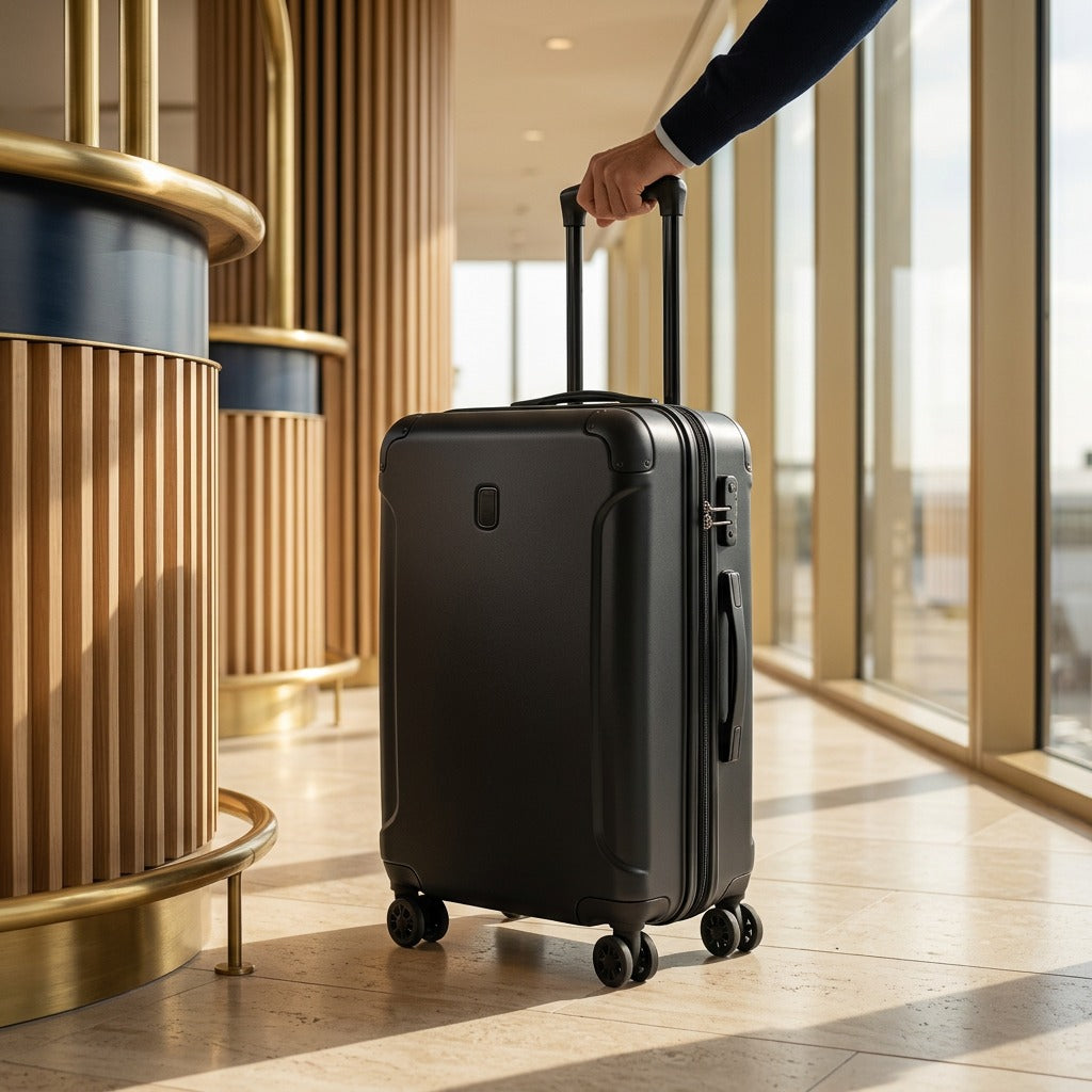 A black Bugatti hardside carry-on suitcase being held by the handle in a bright, modern terminal.