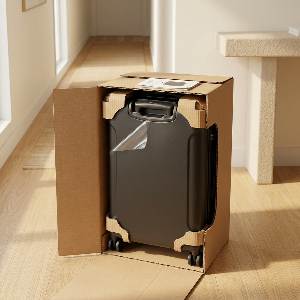 Black Bugatti hardside carry-on luggage inside its shipping box with protective corner padding.