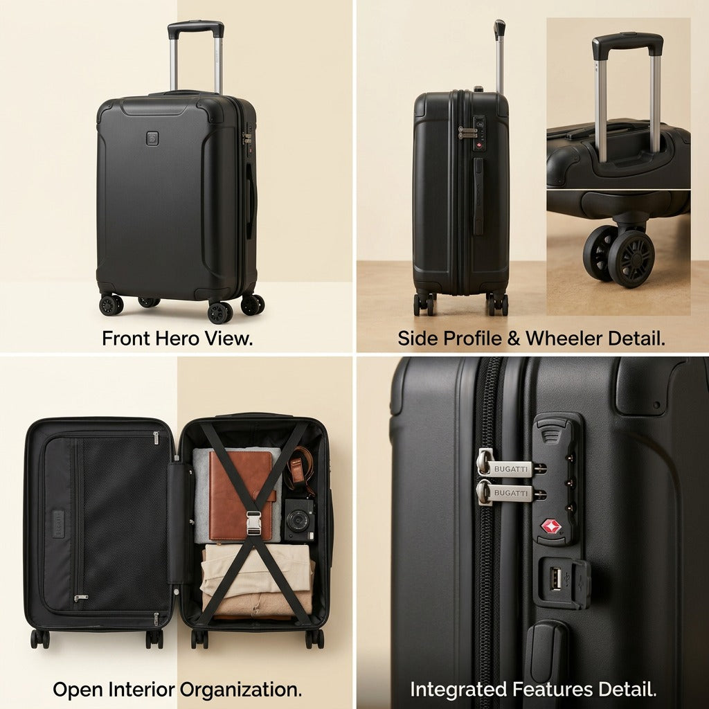 Four-view matrix of the black Bugatti Swiss Mobility hardside carry-on showing its exterior, wheels, interior organization, and TSA lock with USB port.