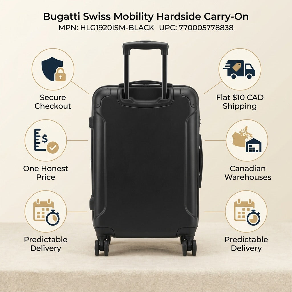 Bugatti Swiss Mobility Hardside Carry-On infographic highlighting shipping and security benefits.