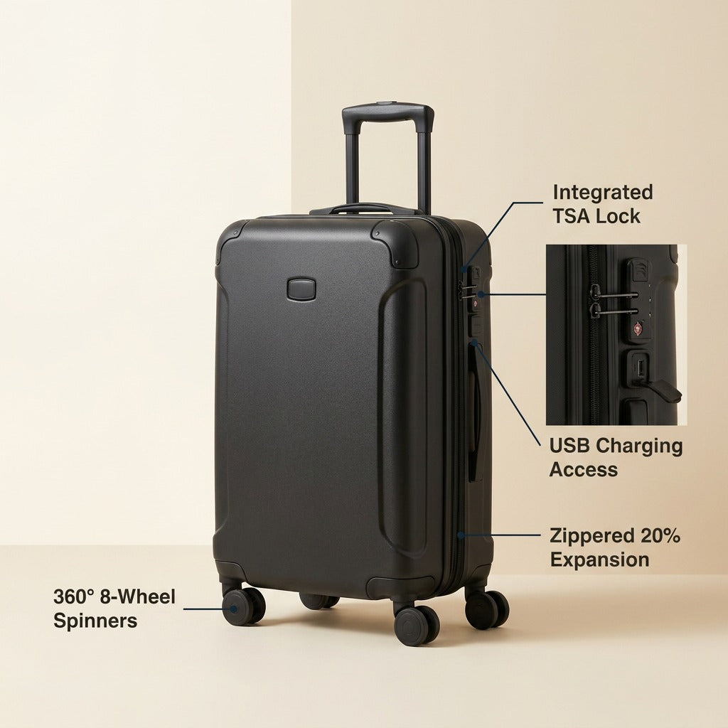 Bugatti Swiss Mobility hardside carry-on highlighting wheels, TSA lock, USB port, and expansion.