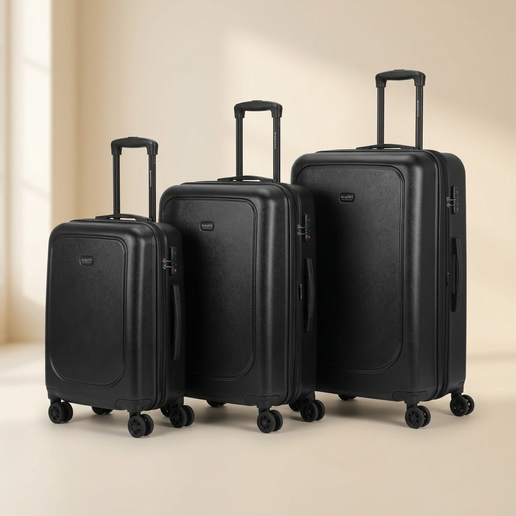 Bugatti Swiss Mobility 3-piece hardside luggage set in black, displayed in 20, 24, and 28 inch sizes.