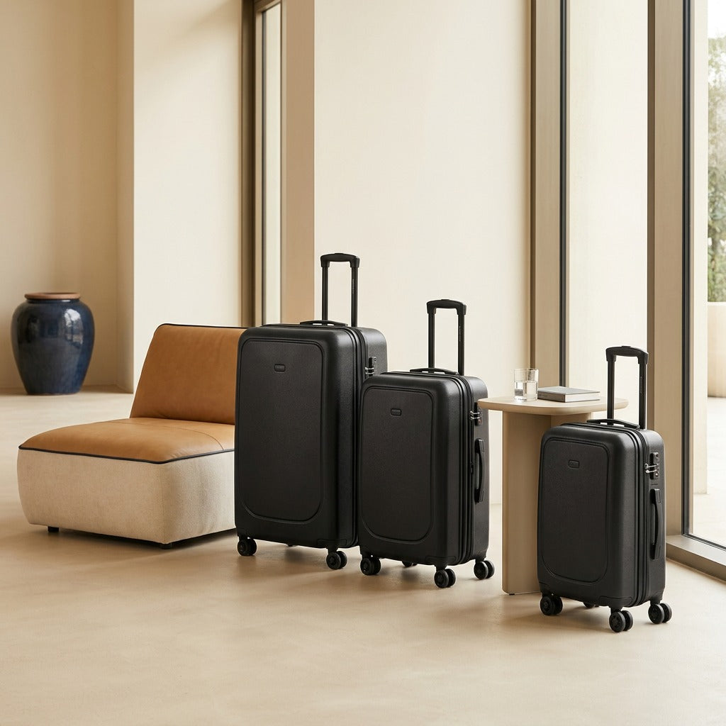 Three black Bugatti Swiss Mobility suitcases in 20, 24, and 28 inch sizes beside a lounge chair.