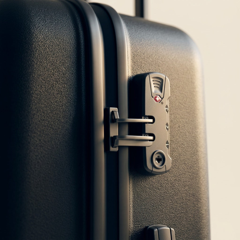 Macro view of the Bugatti Swiss Mobility black luggage showing textured ABS and integrated TSA lock.