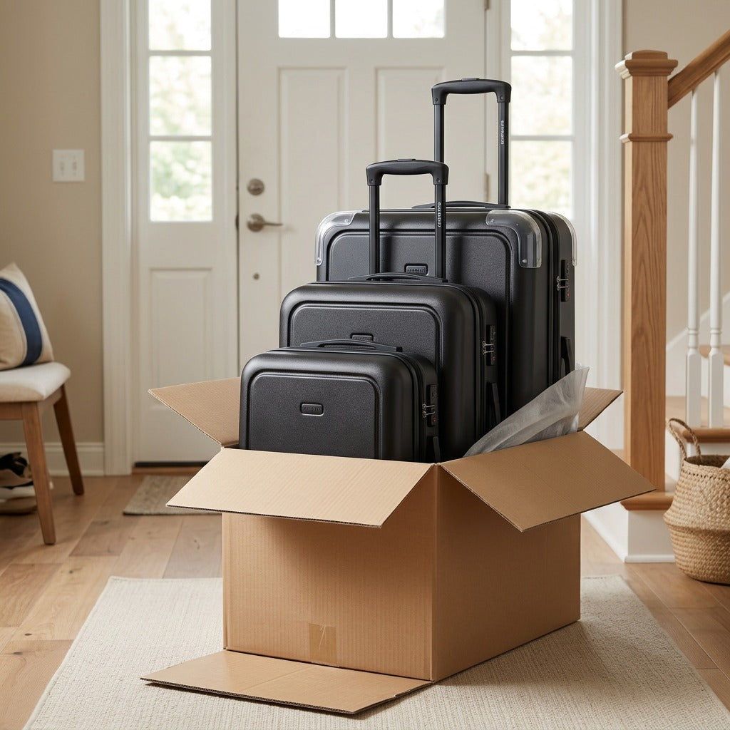 Unboxing the Bugatti Swiss Mobility 3-piece nested black luggage set from a shipping box at home.