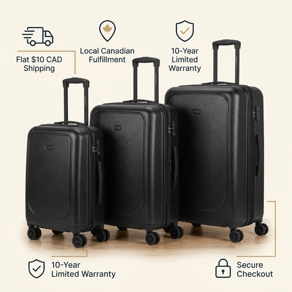 Bugatti Swiss Mobility 3-Piece black hardside luggage set shown with shipping and warranty icons.