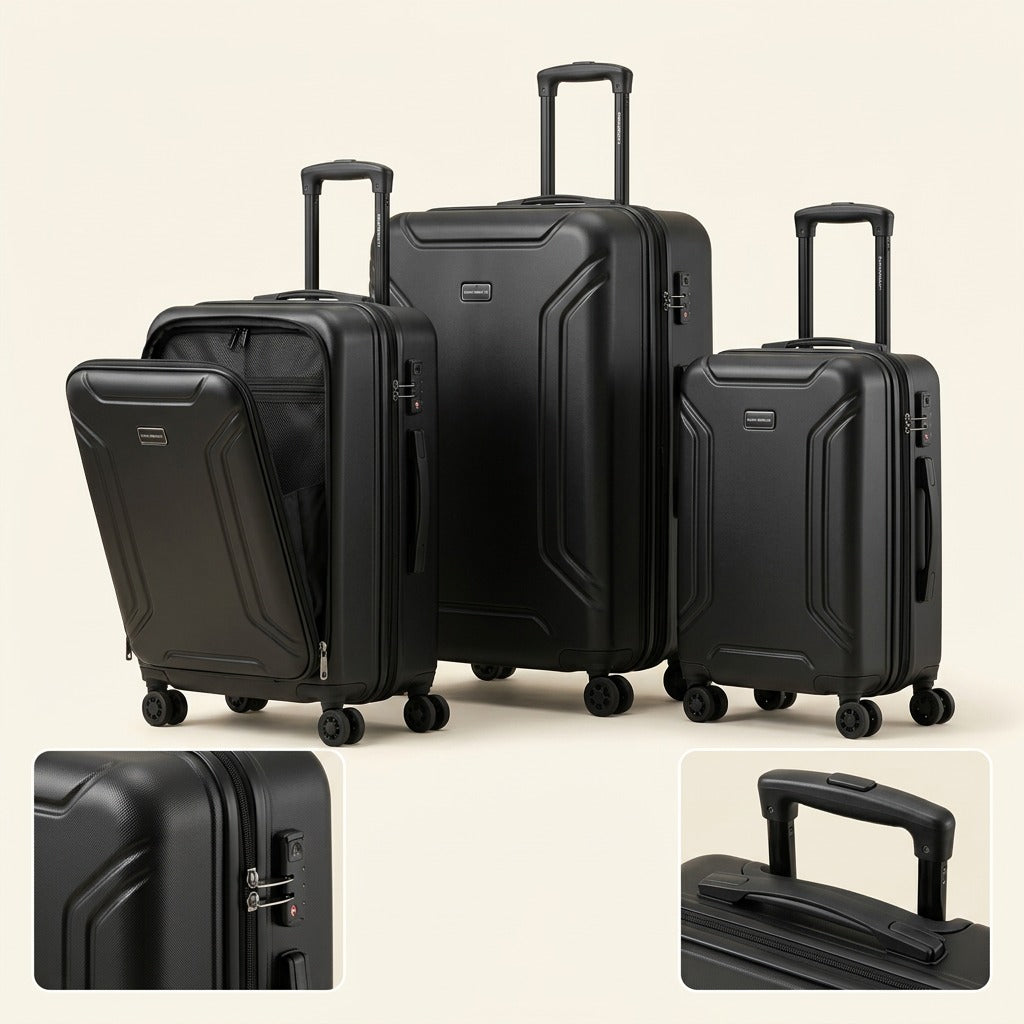 Bugatti Swiss Mobility 3-Piece Black Hardside Luggage Set showing 20", 24", and 28" spinner sizes.