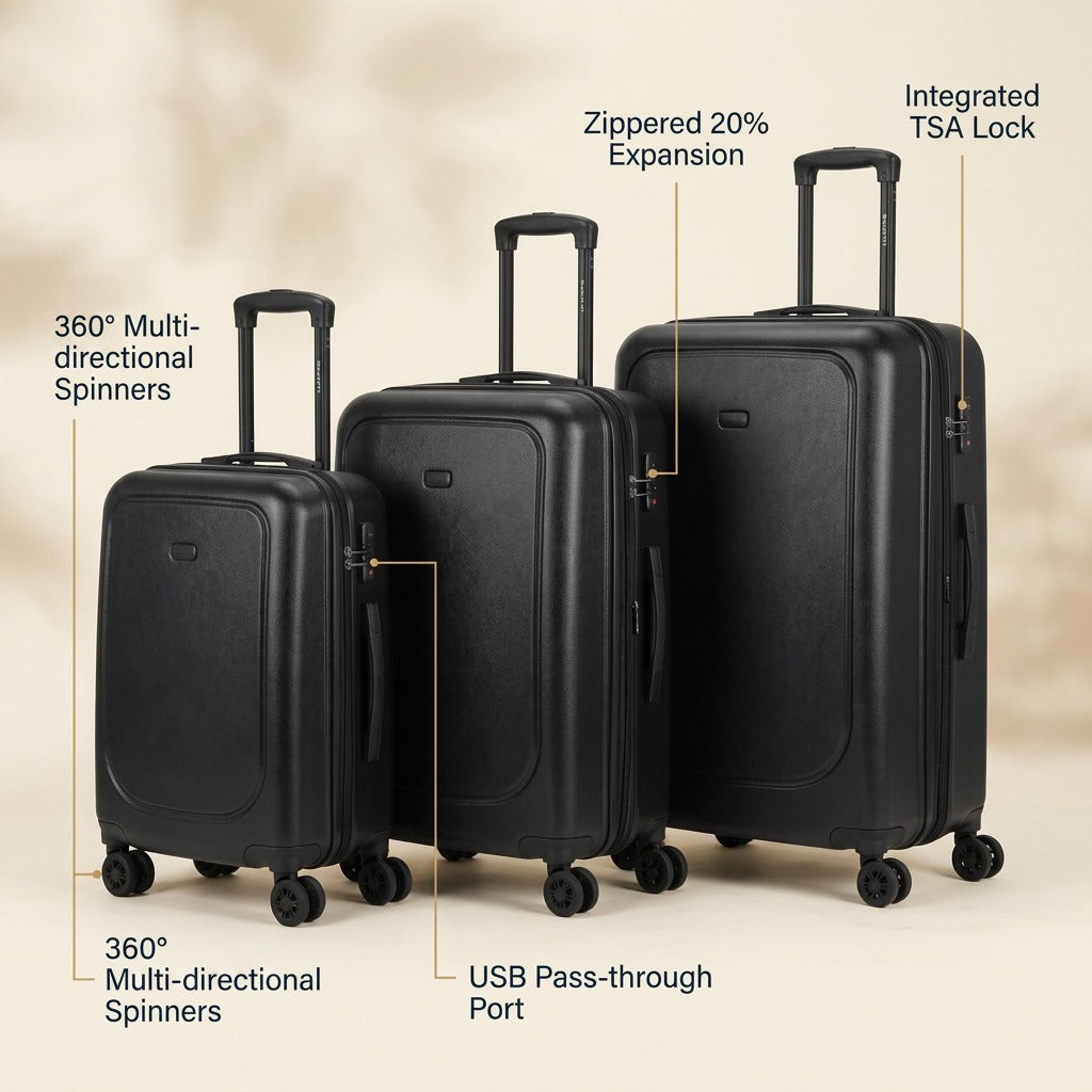 Bugatti Swiss Mobility 3 Piece Black Hardside Suitcase Set with TSA lock, expansion, and USB port.