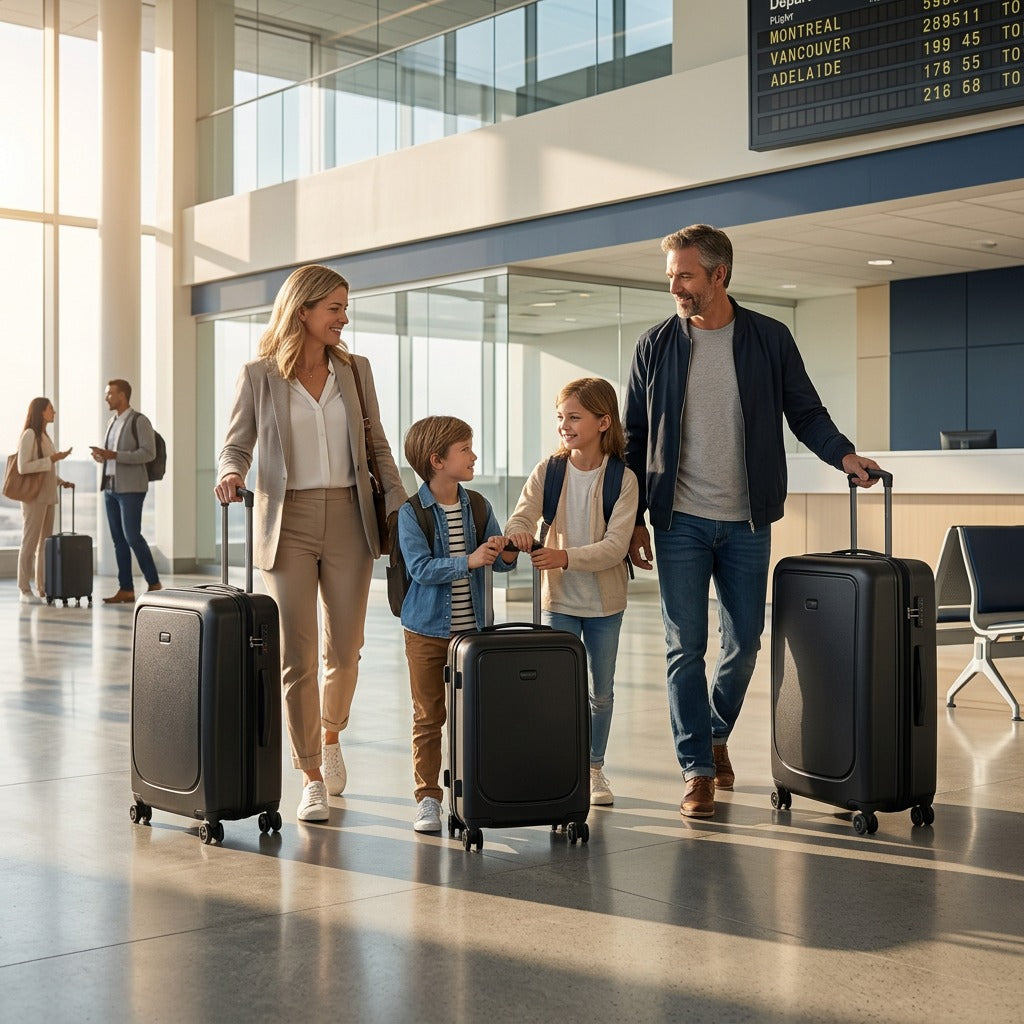 A family transitions through a bright airport terminal with their Bugatti Swiss Mobility 3-piece hardsell luggage set in black.