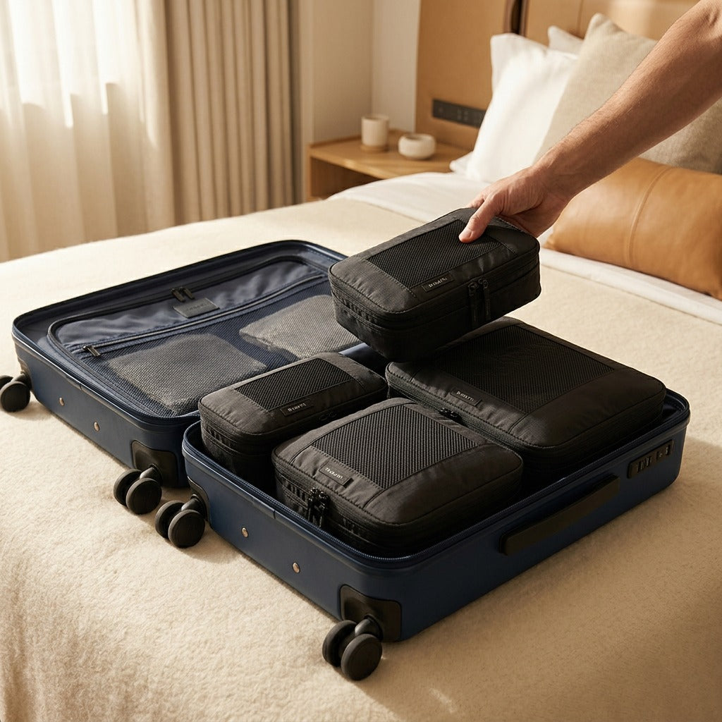 Person packing Bugatti black compression cubes into a navy blue spinner suitcase on a cream bed.