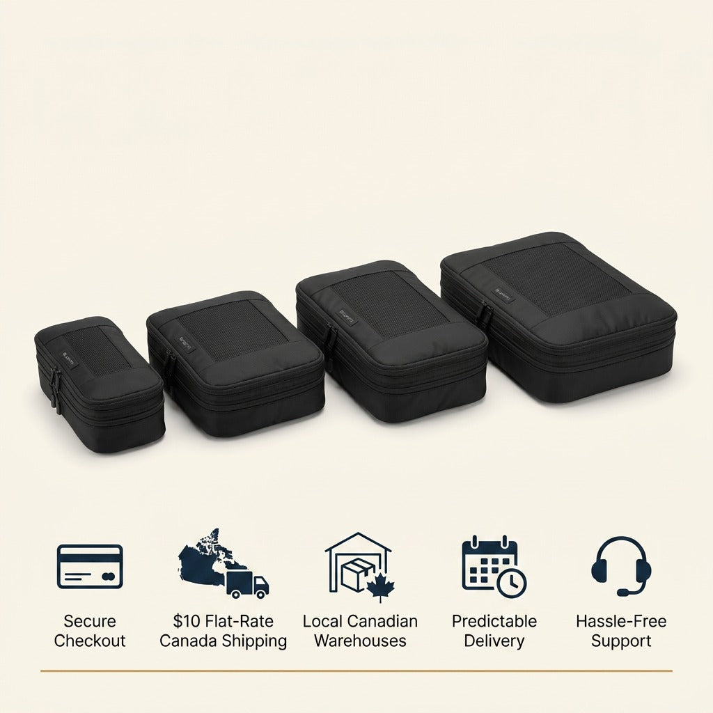 Bugatti black compression packing cubes set of 4 with Canadian shipping and support trust icons.
