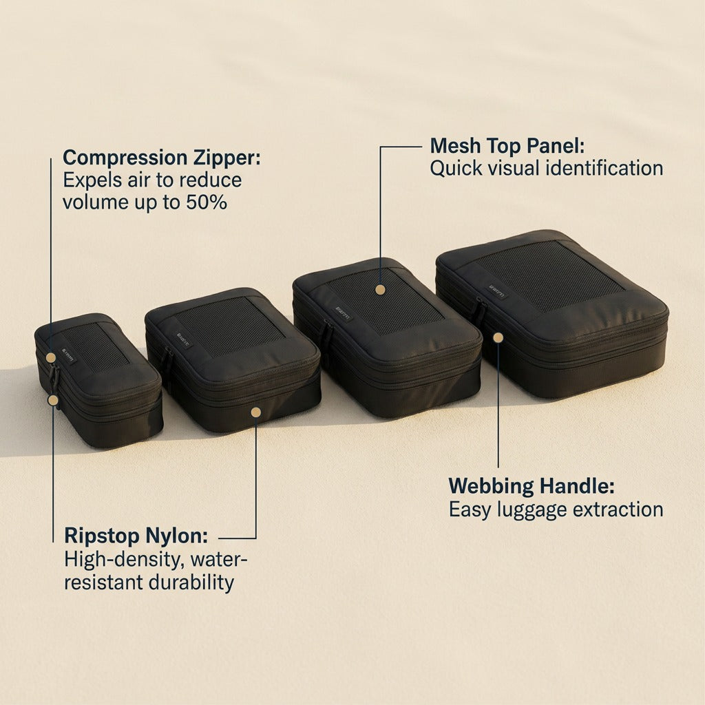 Bugatti 4-piece compression packing cube set in black, showing mesh panels and compression zippers.