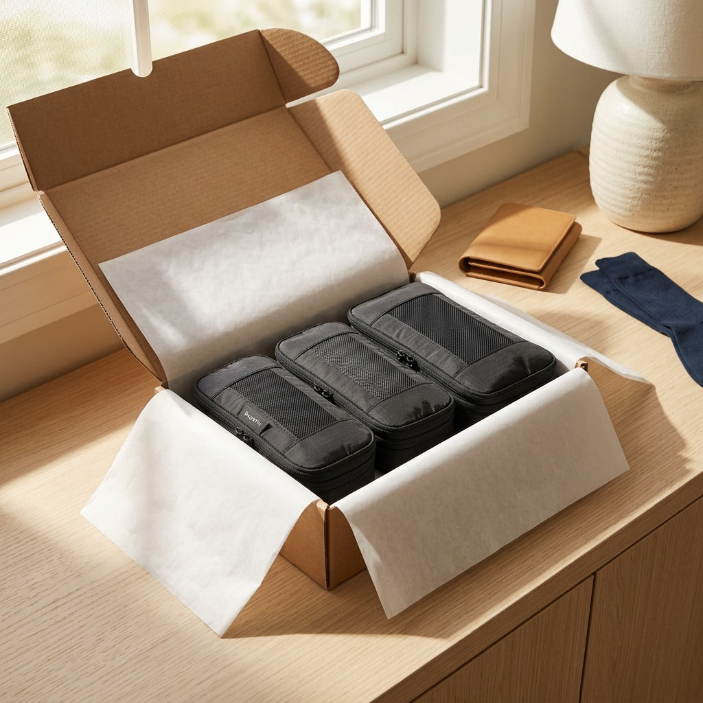 Open shipping box revealing Bugatti compression packing cubes in black ripstop nylon on a desk.