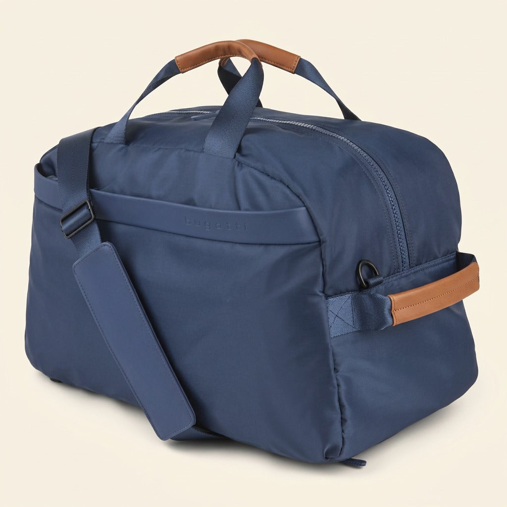 Bugatti navy blue weekender duffle bag with tan leather handles and adjustable shoulder strap.