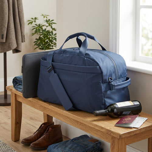 Navy Bugatti Convertible Weekender duffle on a wooden bench next to a laptop for scale reference.