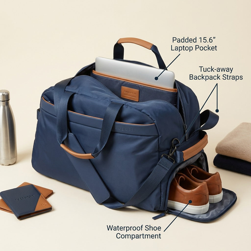 Navy Bugatti convertible weekender bag featuring a 15.6 inch laptop pocket and shoe compartment.