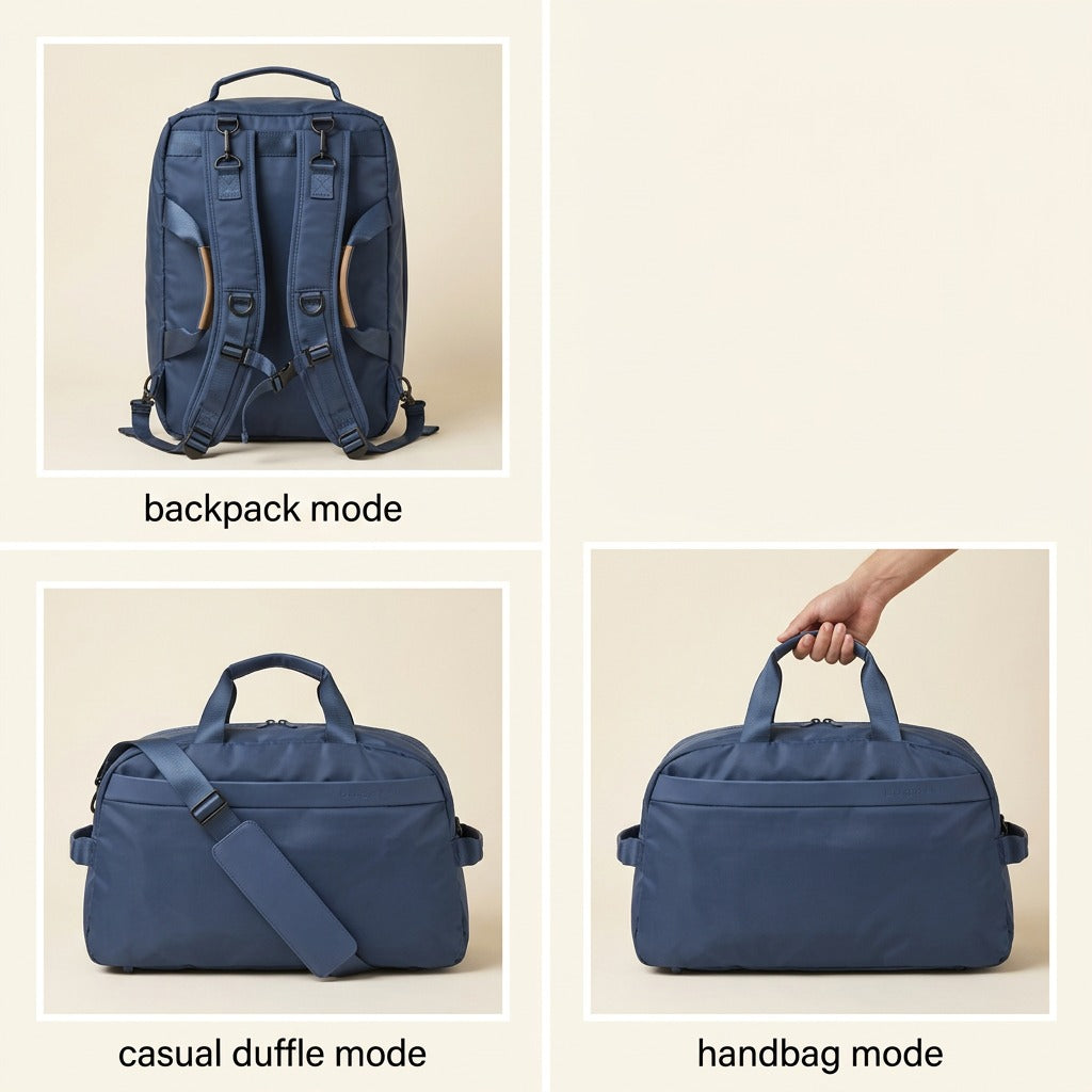 Bugatti Convertible Navy Weekender shown in backpack, duffle, and handbag carry modes.