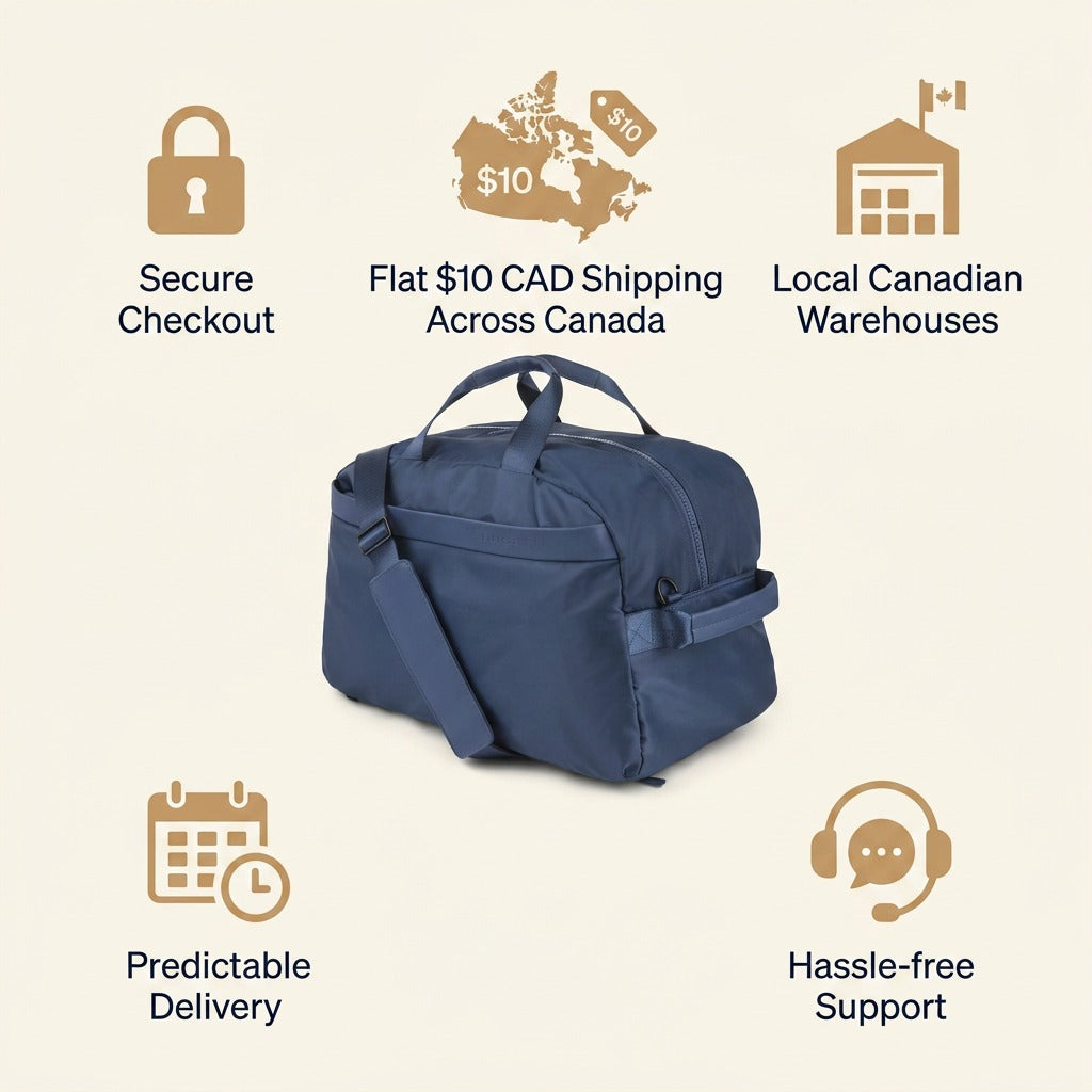 Navy Bugatti Weekender Bag infographic highlighting $10 shipping and secure Canadian checkout.