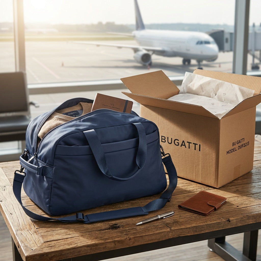 Navy Bugatti Convertible Weekender duffle bag being unboxed beside its branded cardboard packaging.