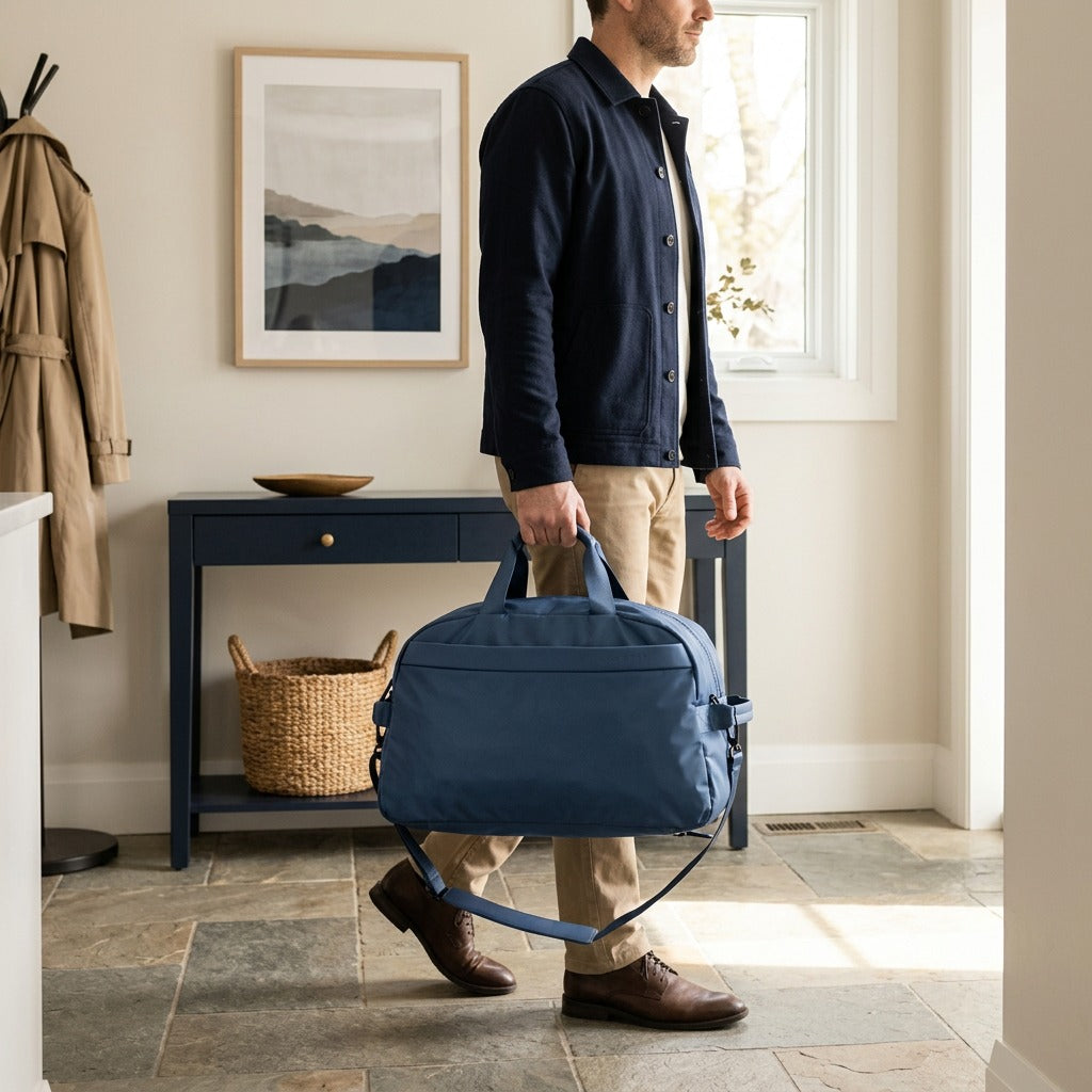 Person carrying a navy blue Bugatti Convertible Weekender duffle bag in a sunlit modern entryway.