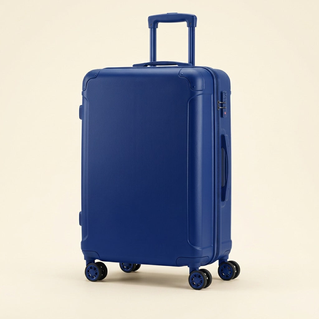 Blue Bugatti Swiss Mobility 24-inch hardside checked luggage with telescopic handle and spinner wheels.