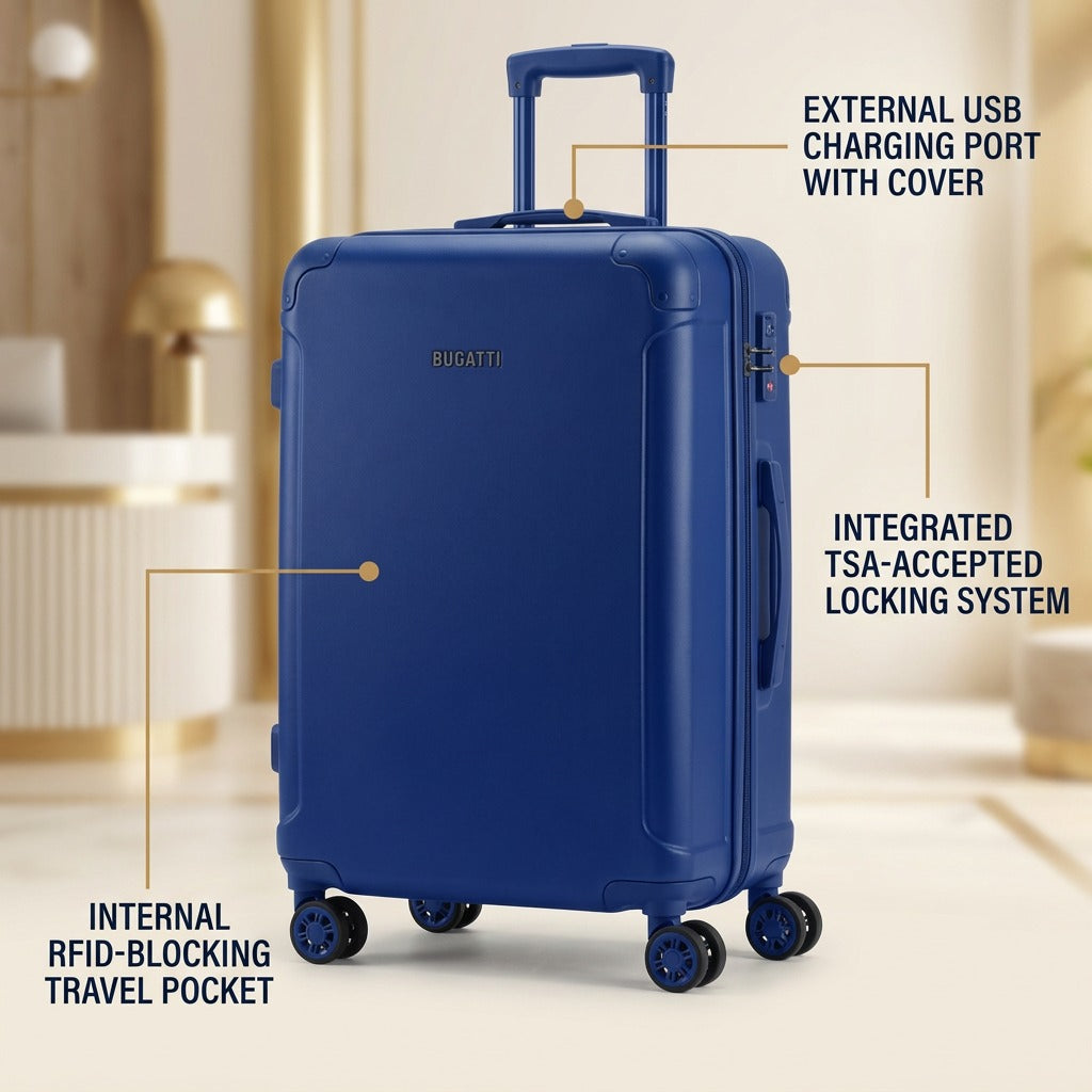Blue Bugatti 24-inch hardside luggage featuring a USB port, TSA-accepted lock, and internal RFID pocket.