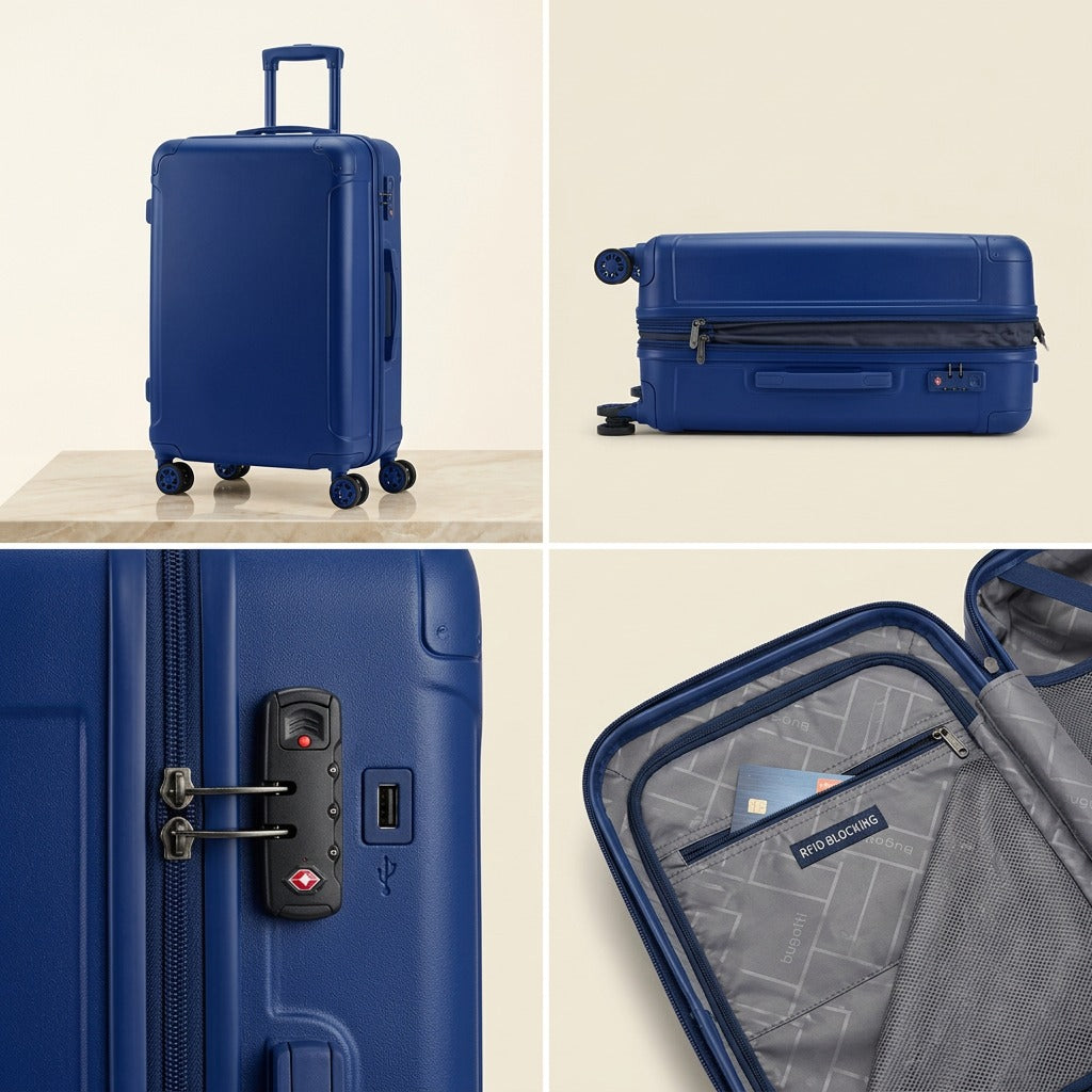 Features of the blue Bugatti Swiss Mobility 24-inch luggage: expansion, TSA lock, and RFID pocket.