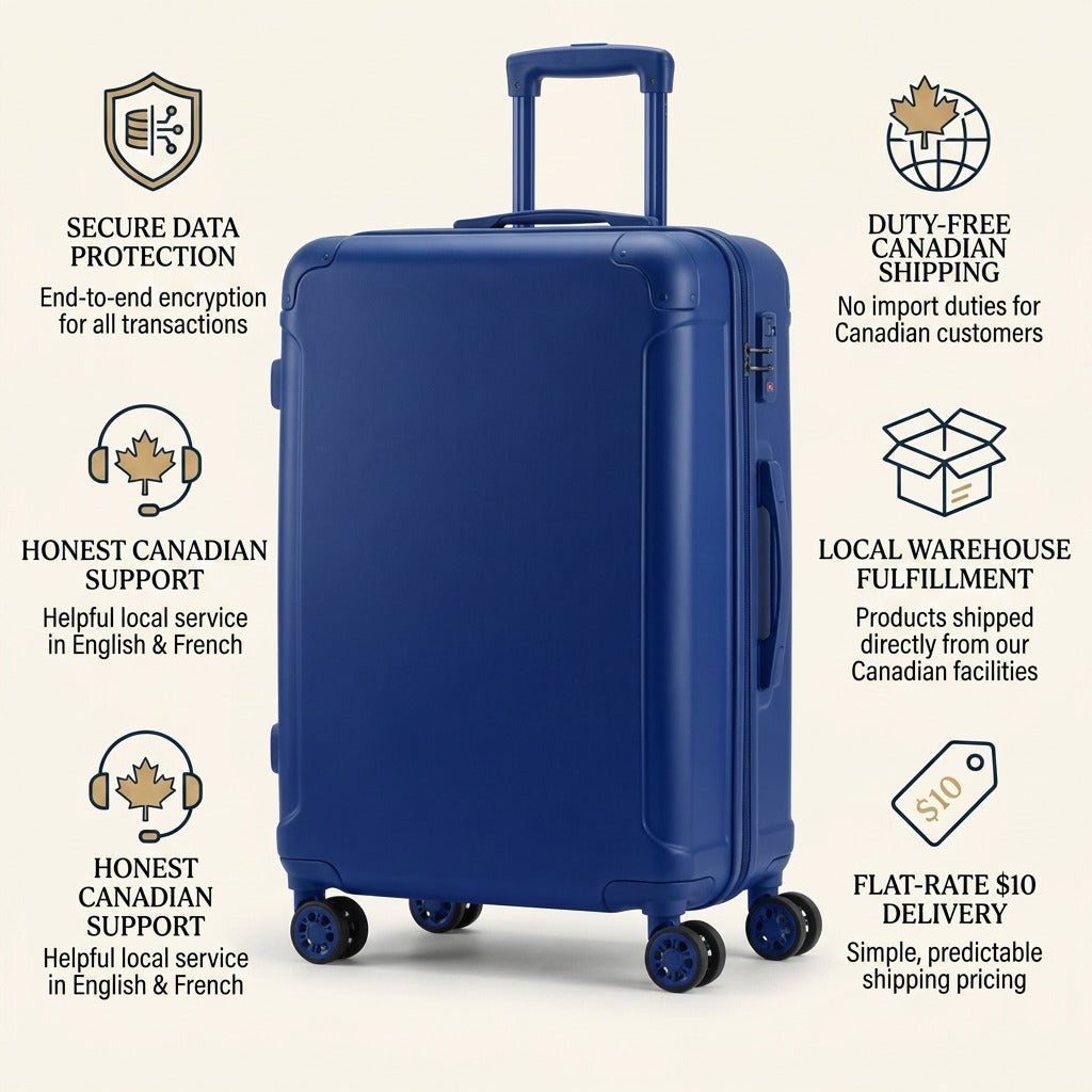 Blue Bugatti 24-inch Hardside Luggage infographic highlighting Canadian shipping and support.