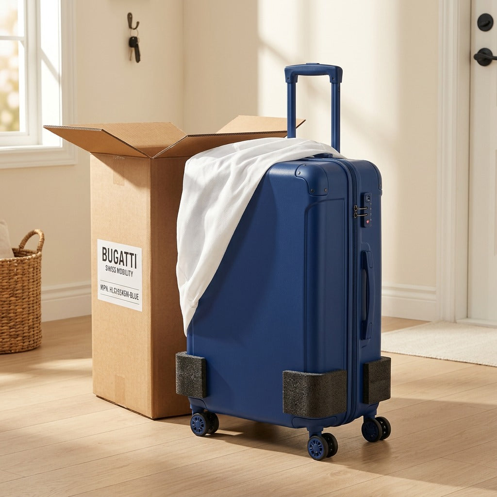 Blue Bugatti Swiss Mobility 24-inch hardside luggage unboxed with protective foam and dust bag.
