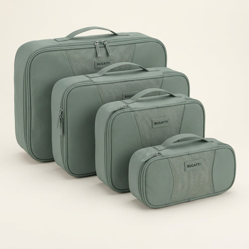 A four-piece set of Bugatti compression packing cubes in sage green, neatly tiered by size.