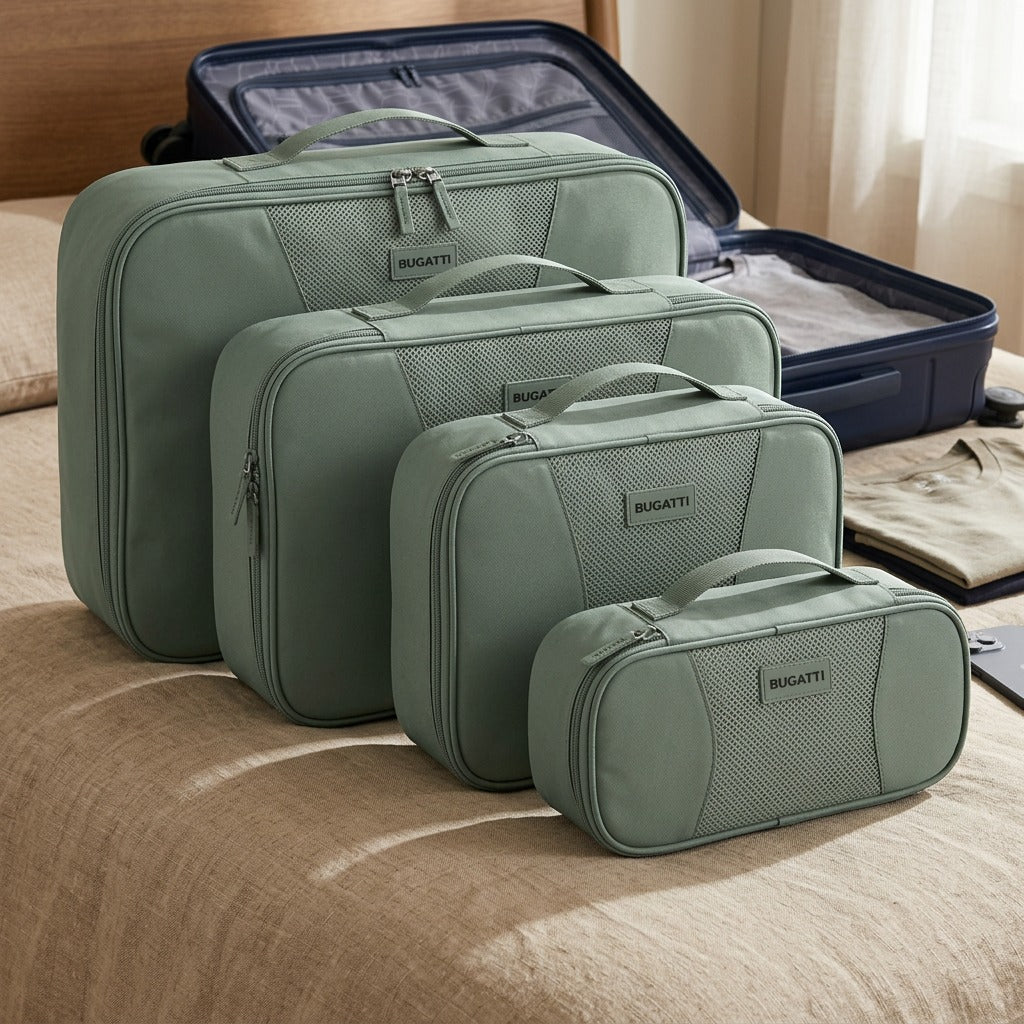 Four sage green Bugatti compression packing cubes in tiered sizes shown next to an open suitcase.