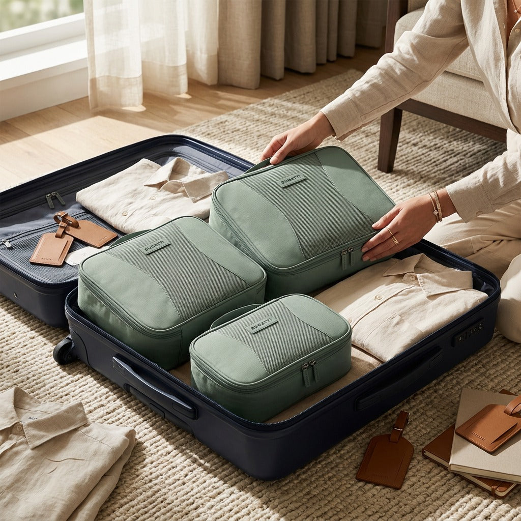 Person packing Bugatti sage green compression cubes into a navy suitcase in a sunny bedroom.
