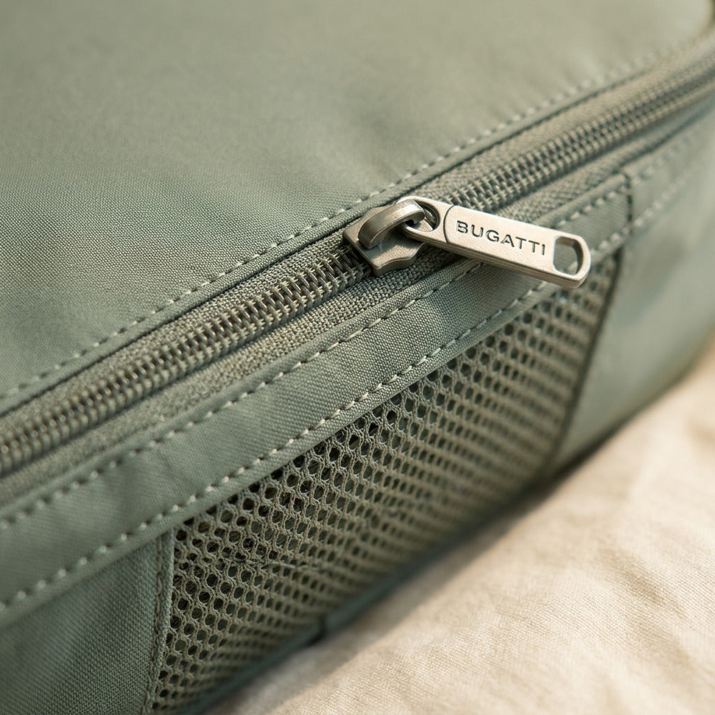 Macro detail of a Sage Green Bugatti compression packing cube showing durable stitching and mesh.
