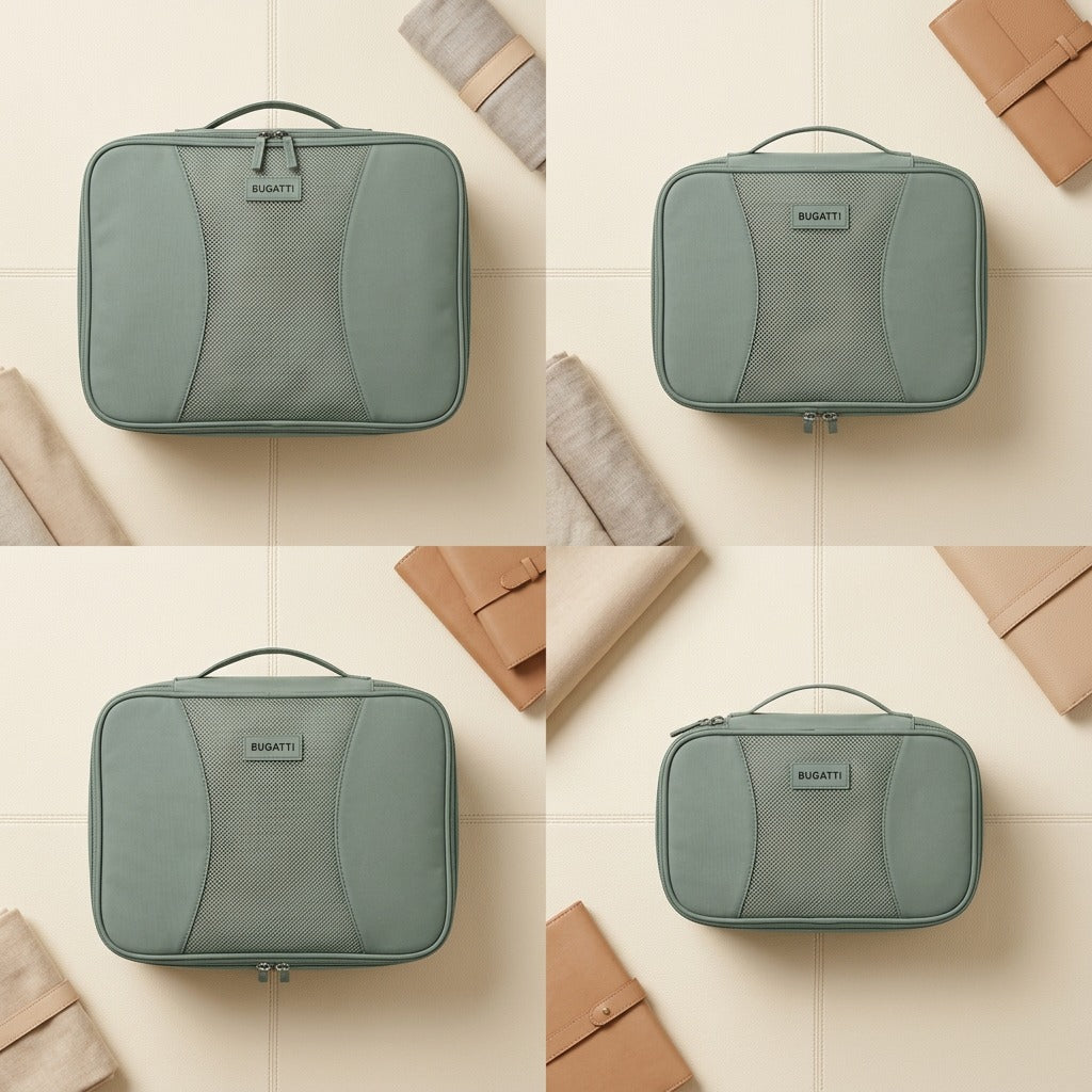 Four sage green Bugatti compression packing cubes in a grid layout, showcasing small to extra-large sizes.